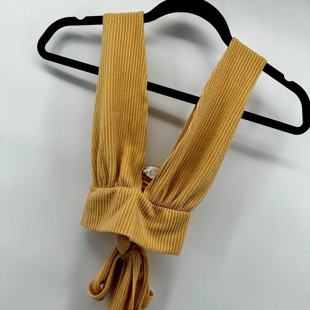 Le Lis Collection‎ Mustard Yellow Striped Ribbed Tie Back Crop Top Womens small